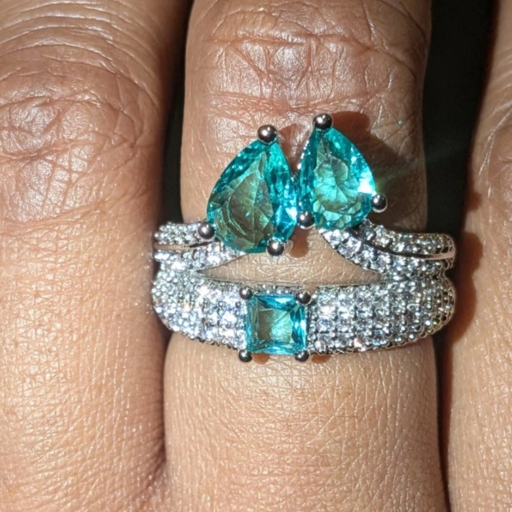 S925 Silver 5.10CTW EMERALD & WHITE Lab-Created DIAMOND Engagement Ring Sz 7